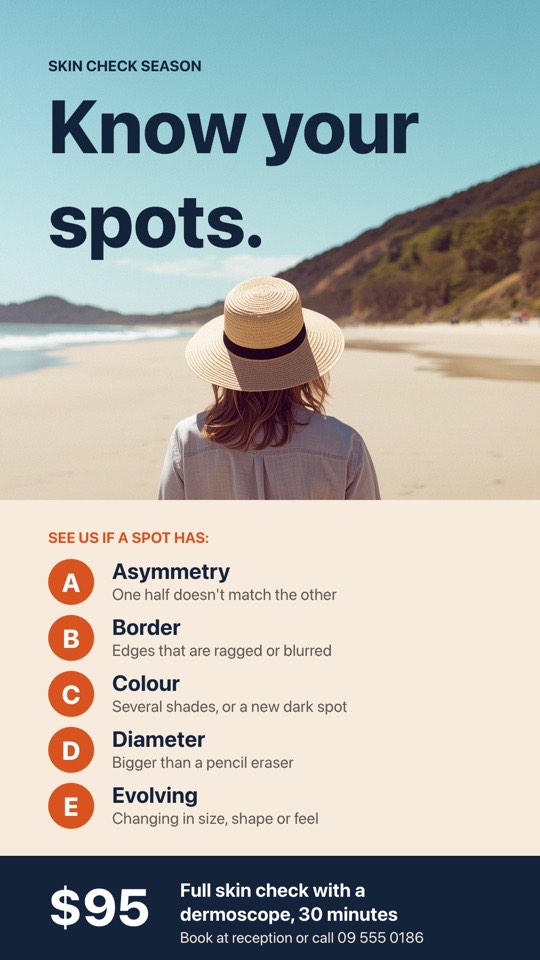 Skin check campaign digital signage template (portrait): Summer skin check promotion with the ABCDE spot guide and price