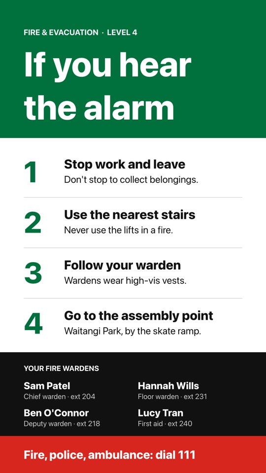 Fire evacuation and wardens digital signage template (portrait): Four evacuation steps, your fire wardens and the 111 reminder