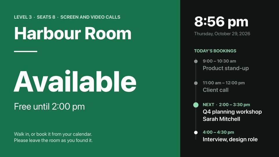 Meeting room status digital signage template (landscape): Room name, big Available / In use status and today's bookings