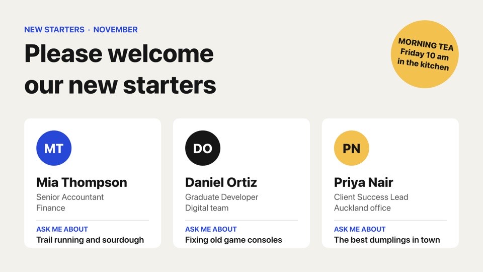 New starters welcome digital signage template (landscape): Three profile cards for new team members, with a morning tea sticker
