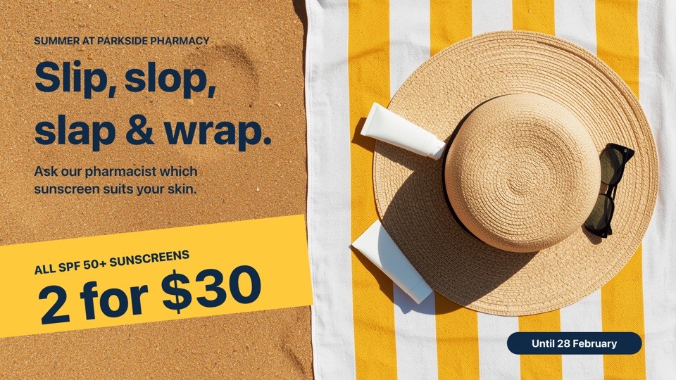 Sun protection promo digital signage template (landscape): Summer sunscreen deal on a full-bleed beach photo with a slanted band