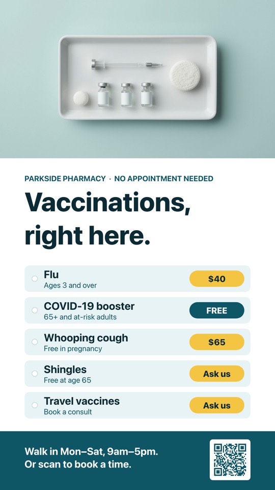 Vaccinations available digital signage template (portrait): Vaccines on offer as tag-style rows with prices and walk-in times