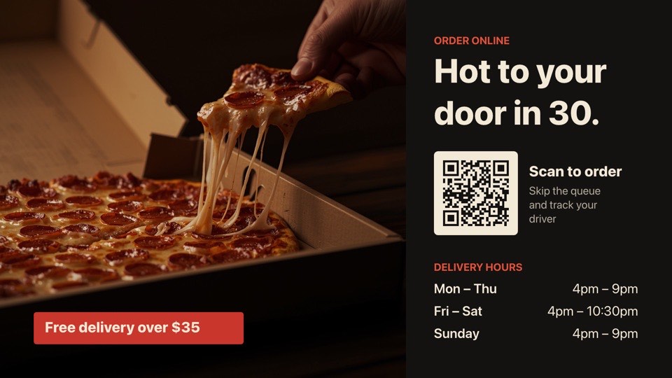 Order online digital signage template (landscape): QR code to order, delivery hours and a hero pizza photo
