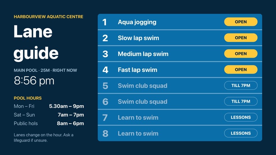 Lane availability and pool hours digital signage template (landscape): Eight lanes with what each is used for now, plus pool hours