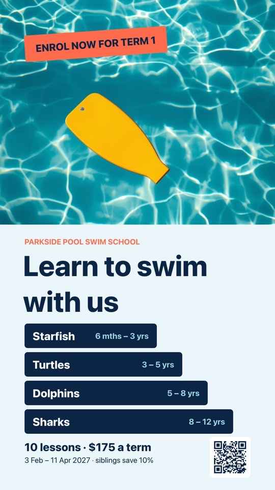 Swim school enrolments digital signage template (portrait): Term enrolments with four age levels, term price and a QR code