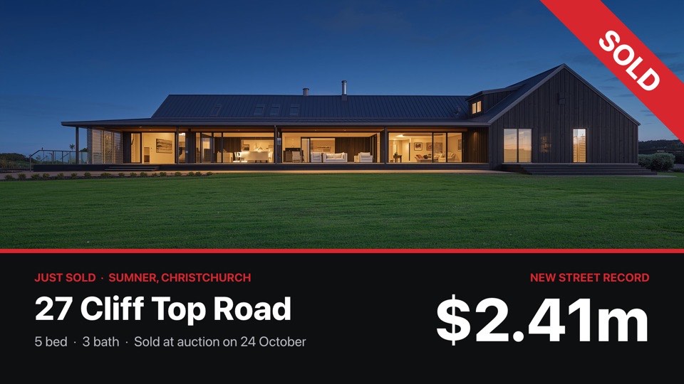 Just sold record result digital signage template (landscape): Full-bleed sold home with a corner ribbon and the record price