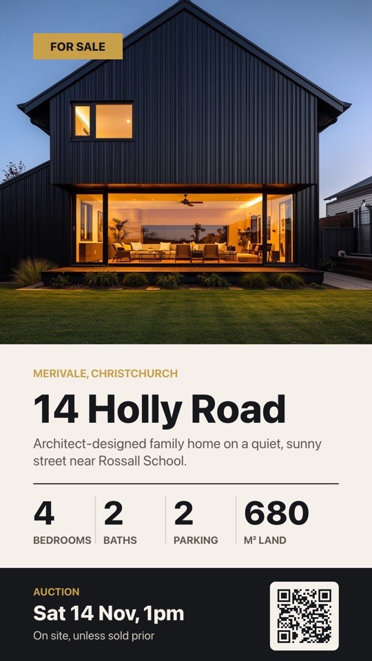 Window property listing digital signage template (portrait): Hero photo, address, bed/bath/parking stats and auction date