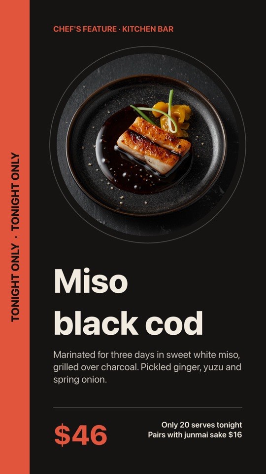 Chef's special tonight digital signage template (portrait): Japanese-style feature dish with a circular photo and price