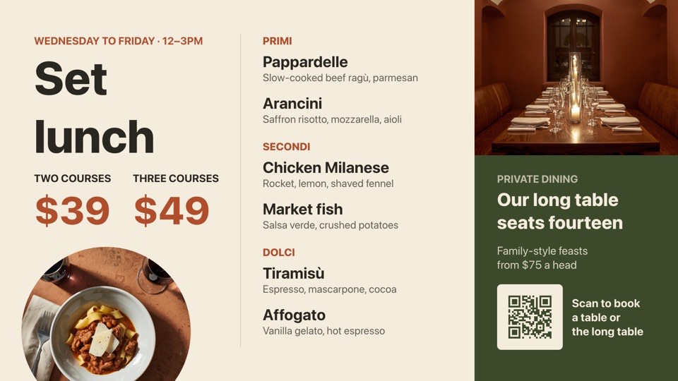 Set lunch and private dining digital signage template (landscape): Italian set lunch with course prices and a booking QR