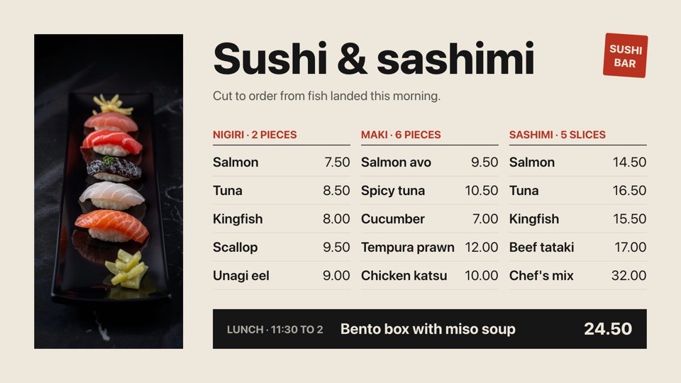Sushi menu digital signage template (landscape): Minimal three-column sushi and sashimi menu with a nigiri photo