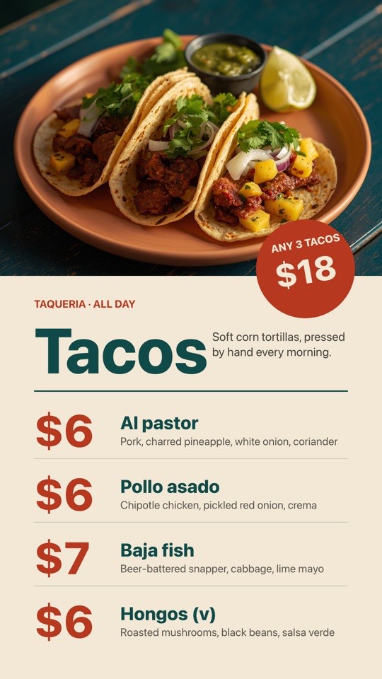 Taco menu digital signage template (portrait): Portrait taco board with giant prices and a 3-for deal badge