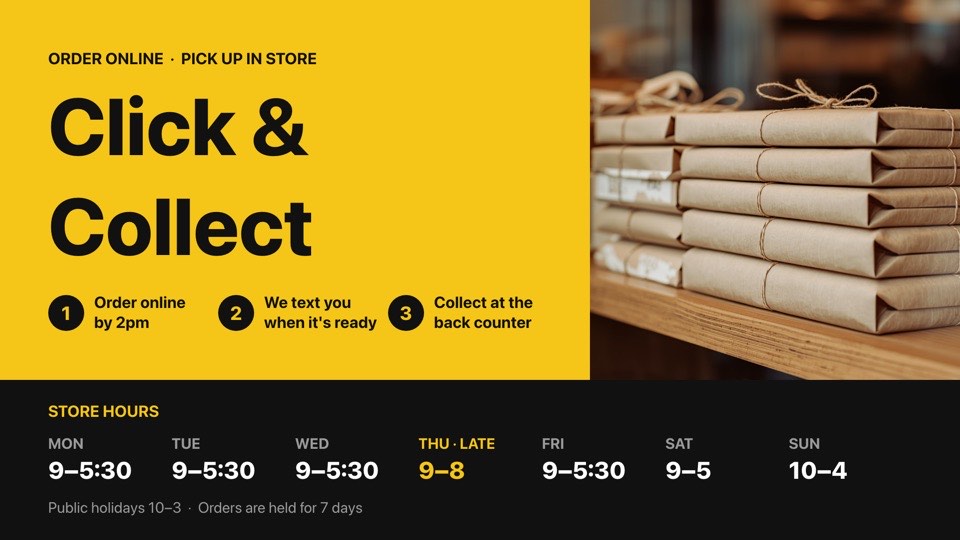 Click & Collect and hours digital signage template (landscape): Three-step pick-up guide with the week's store hours