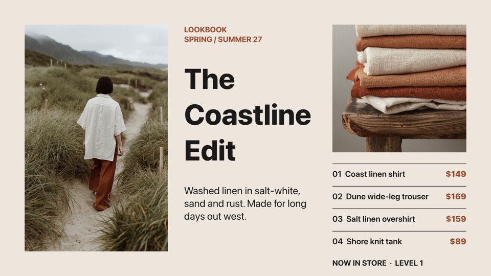 Fashion lookbook digital signage template (landscape): Editorial three-column lookbook with a numbered price index
