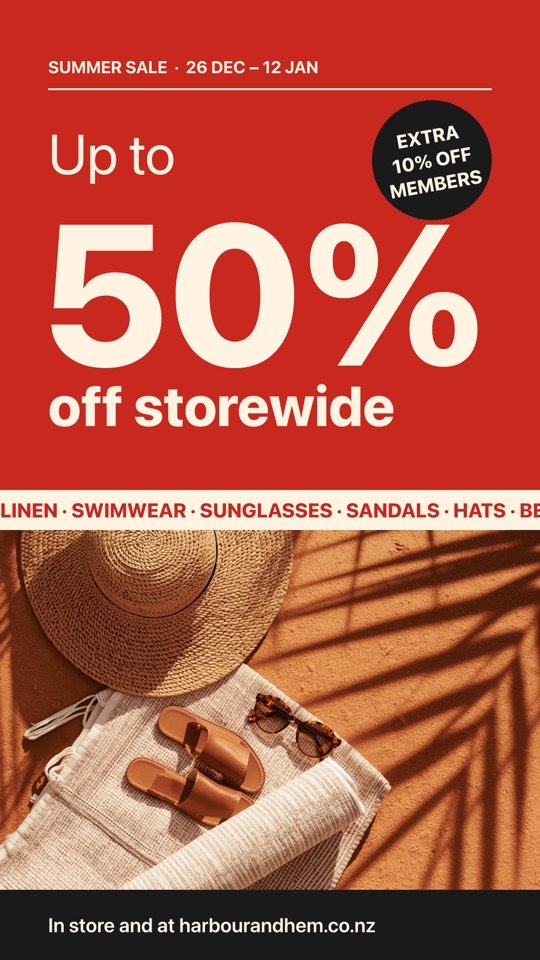 Summer sale poster digital signage template (portrait): Giant 50% off window poster with a summer product photo