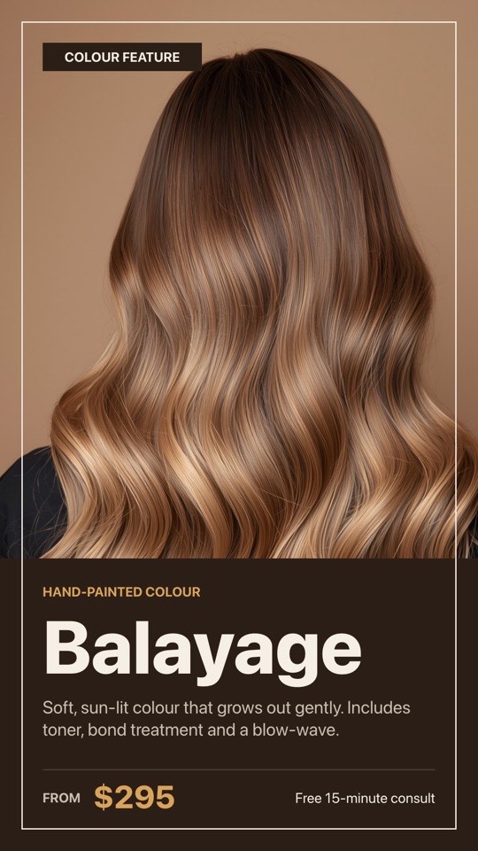 Balayage feature digital signage template (portrait): Editorial colour poster with a hair photo, details and price
