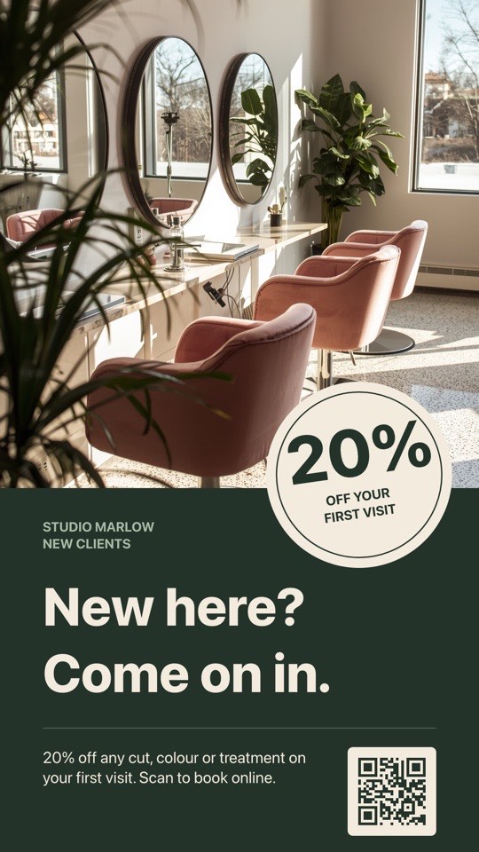 New client offer digital signage template (portrait): First visit discount poster with a stamp badge and booking QR