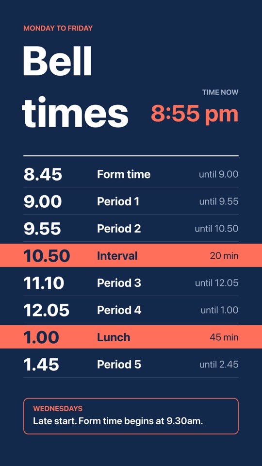 Bell times digital signage template (portrait): The school day period by period, with breaks and a live clock