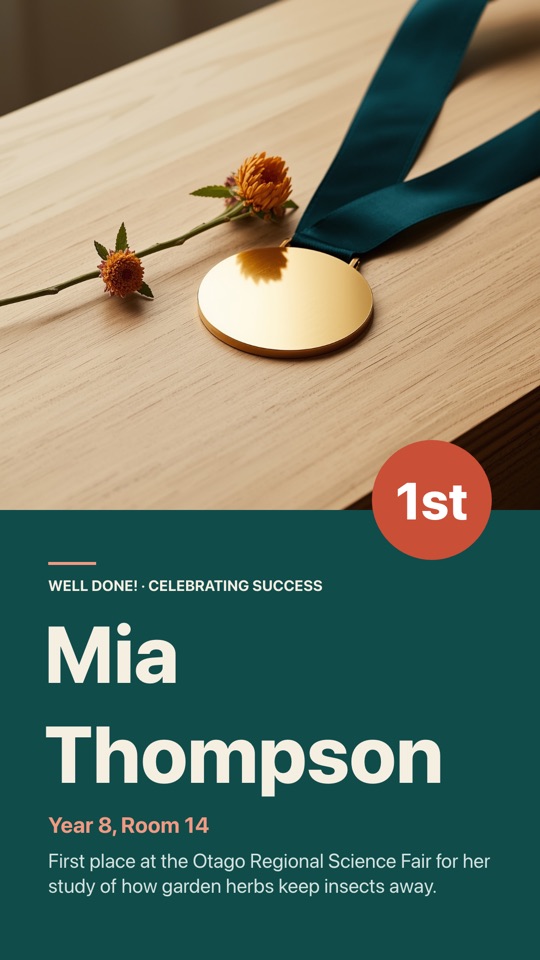 Student achievement digital signage template (portrait): Celebrate a student win with a photo, a big name and a 1st badge