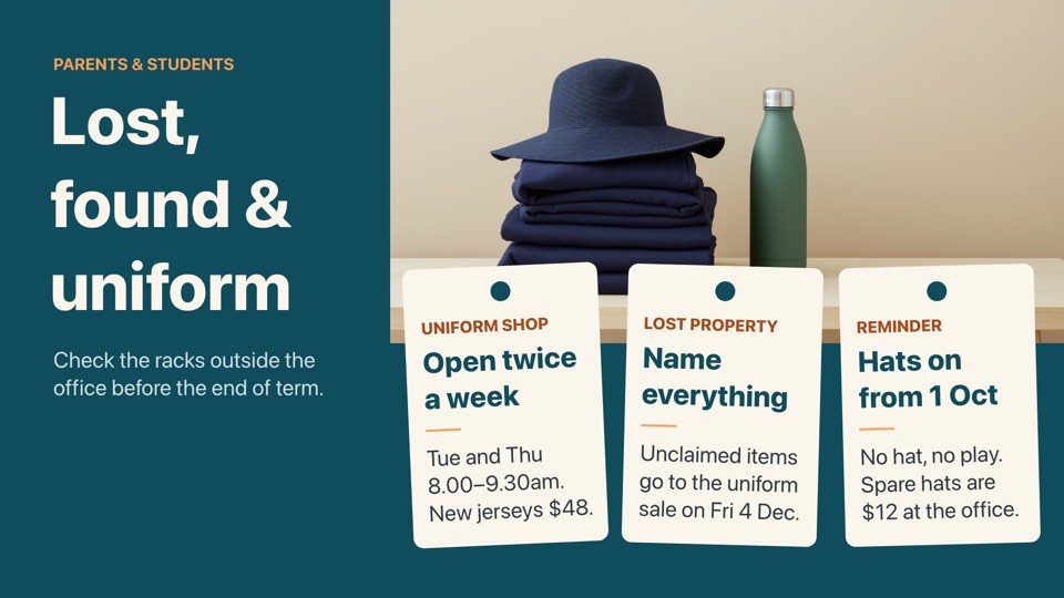 Uniform & lost property digital signage template (landscape): Uniform shop hours, lost property and reminders on paper tags