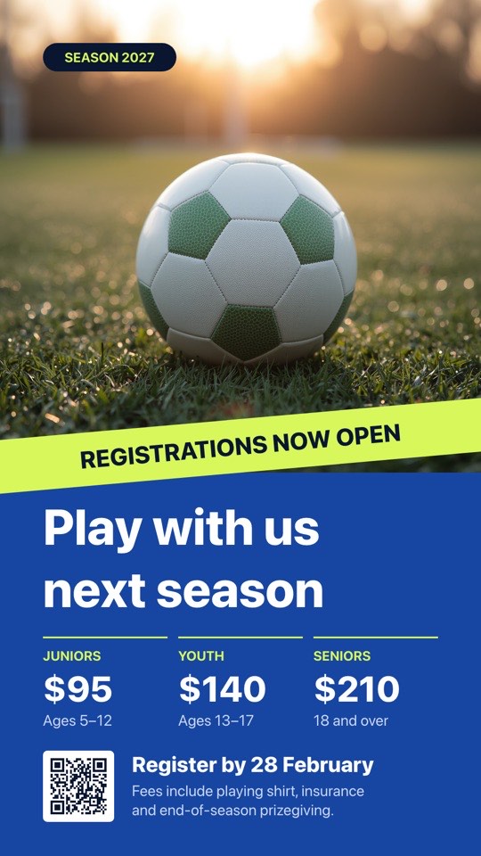 Registrations open digital signage template (portrait): Season sign-ups with three fee tiers and a register QR code