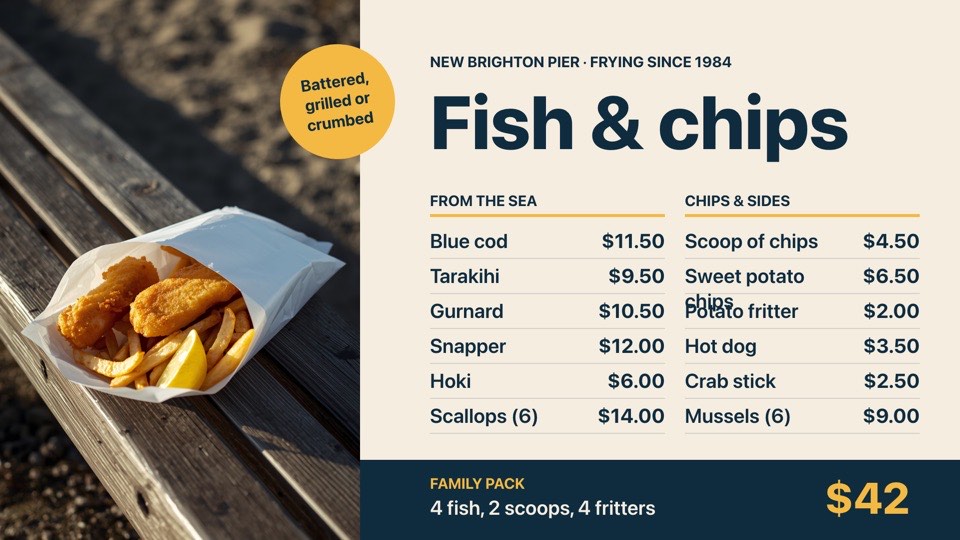 Fish and chips menu digital signage template (landscape): Fish, sides and a family pack beside a beachside photo