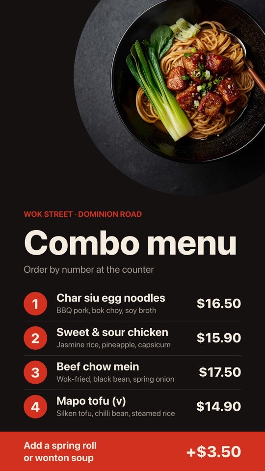 Noodle bar combos digital signage template (portrait): Four numbered combos with a bold bowl photo