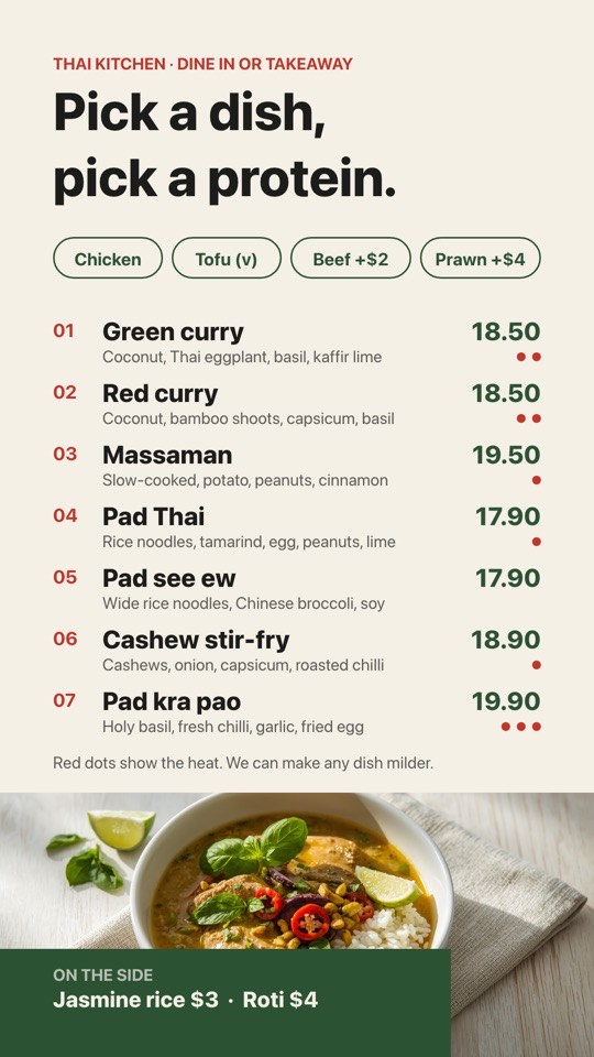 Thai takeaway menu digital signage template (portrait): Numbered Thai dishes with heat dots and a protein chooser