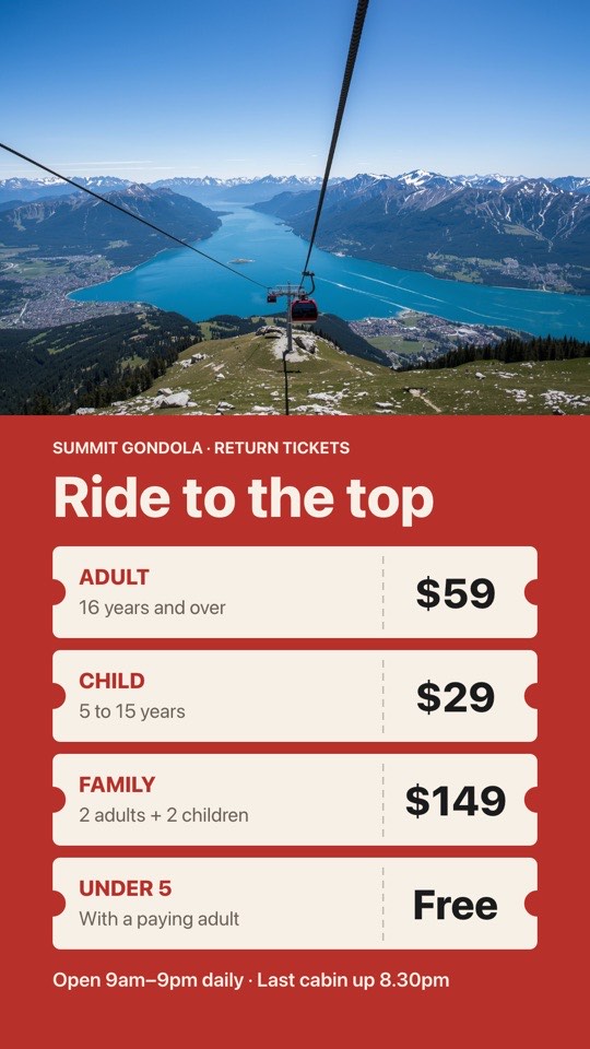 Attraction ticket prices digital signage template (portrait): Ticket-stub price list under a scenic photo, with hours