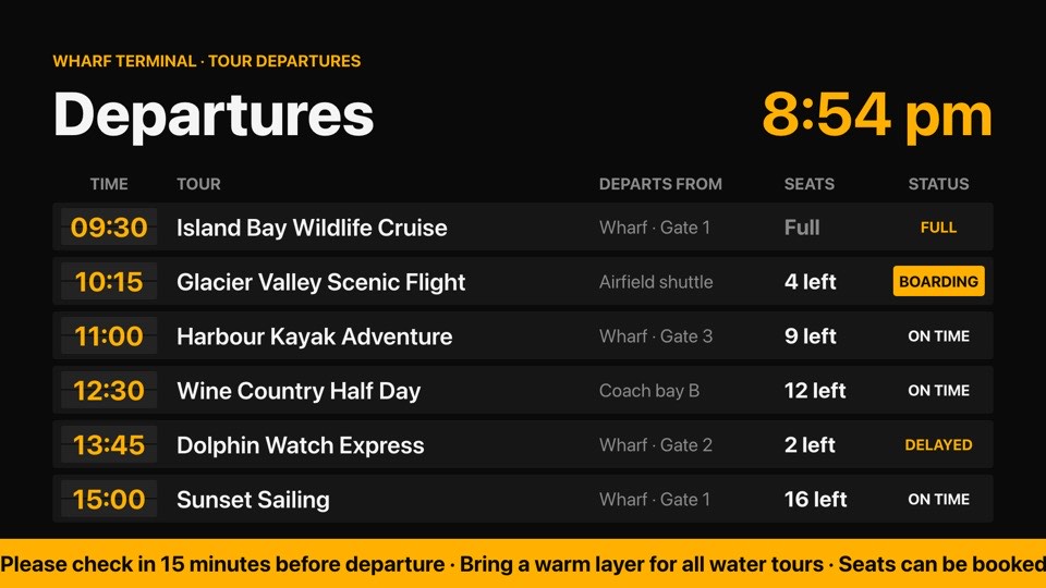 Tour departures board digital signage template (landscape): Airport-style board of today's tours with times, seats and status