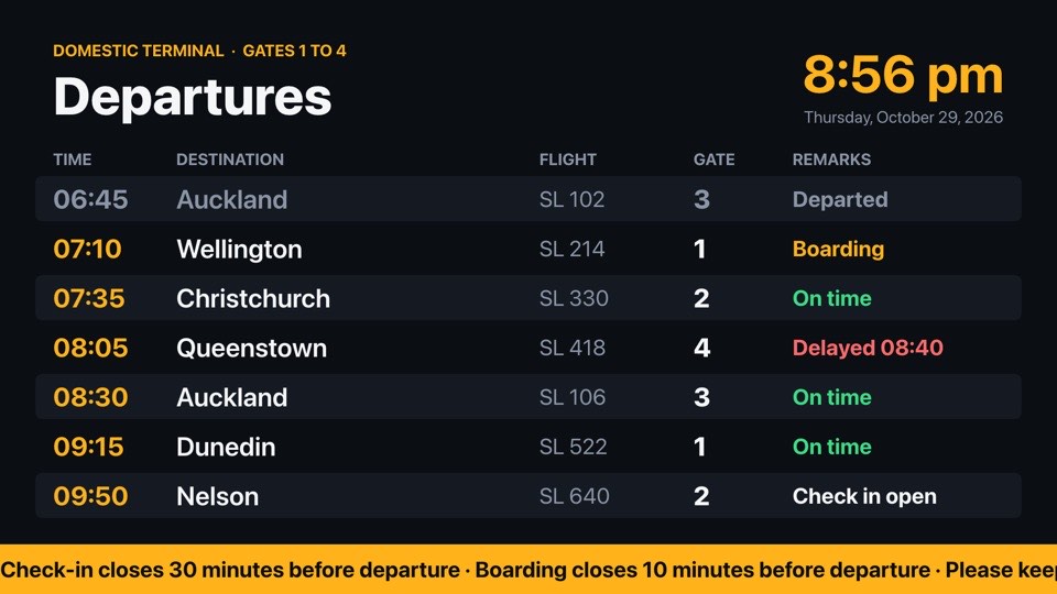 Departures board digital signage template (landscape): Flight times, gates and status for a regional terminal