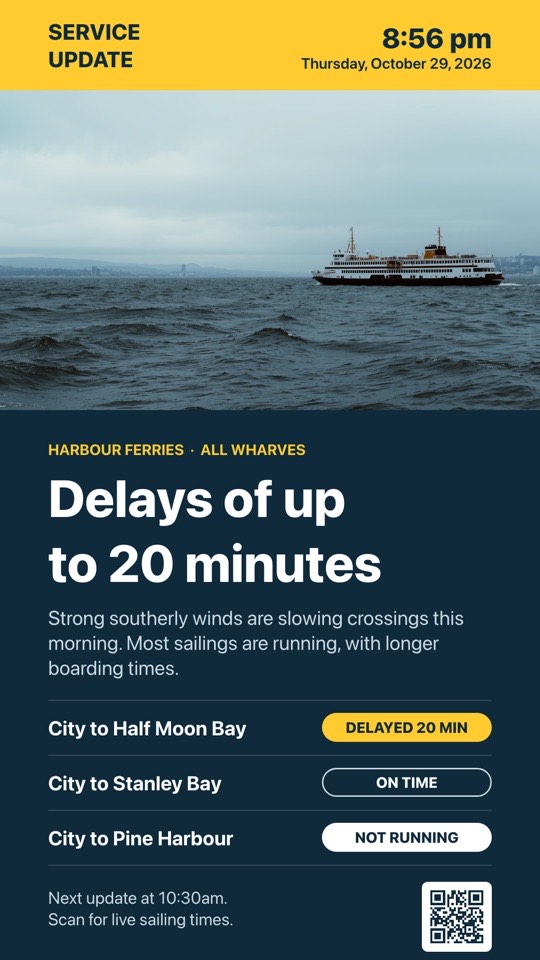 Ferry service update digital signage template (portrait): Delay notice with route-by-route status and a live times QR