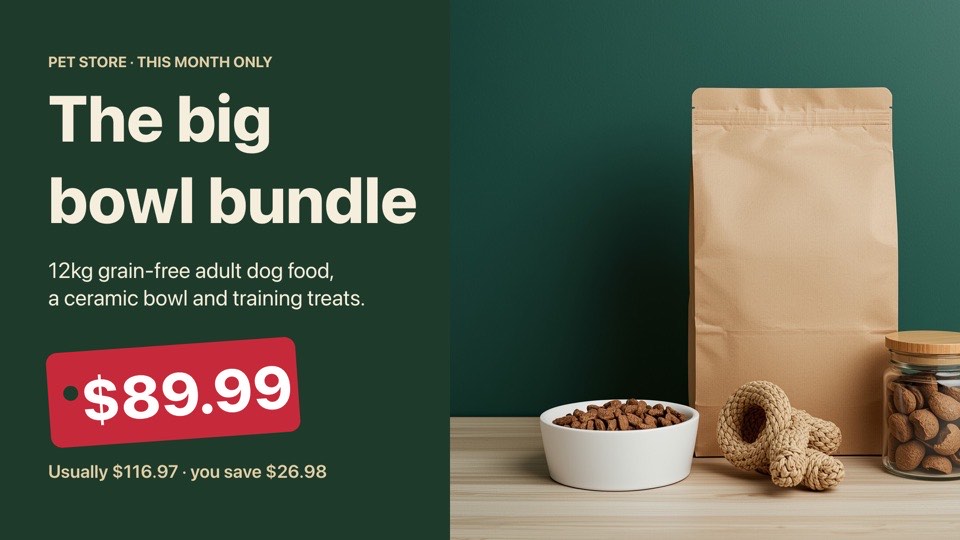 Pet food bundle digital signage template (landscape): Pet store product promotion with a swing price tag