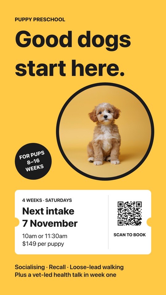 Puppy preschool digital signage template (portrait): Bright portrait poster for puppy classes with a ticket and booking QR