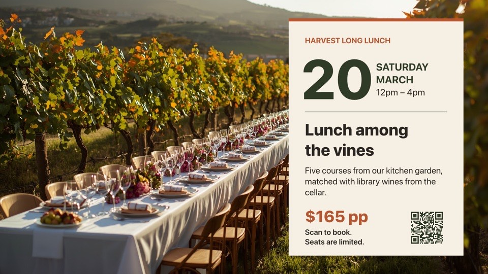 Harvest long lunch digital signage template (landscape): Vineyard event invitation with date, price and QR booking