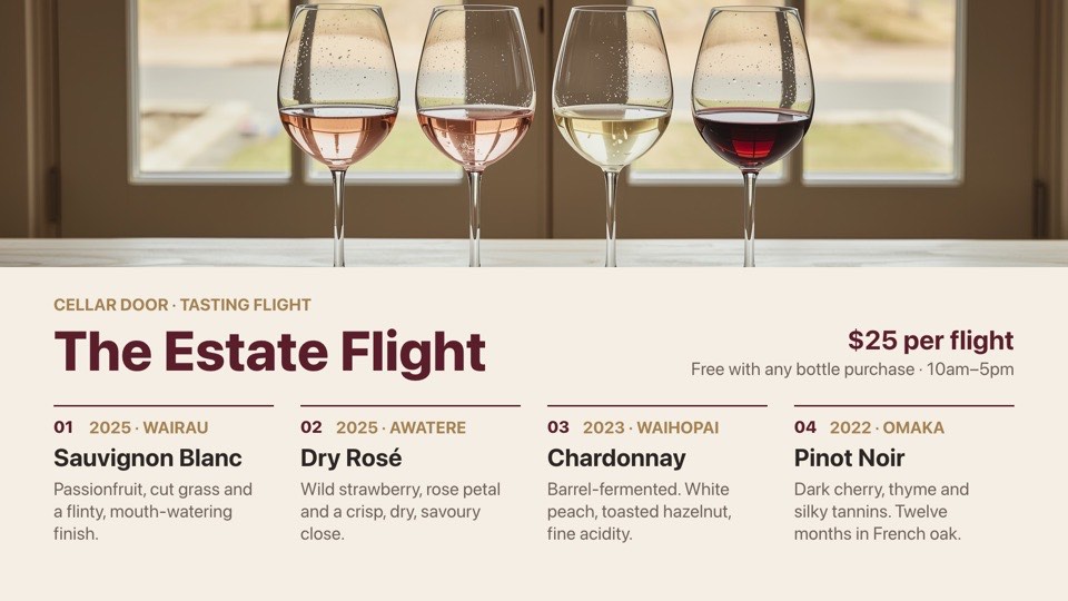 Cellar door tasting flight digital signage template (landscape): Four-wine tasting flight with notes under a vineyard photo